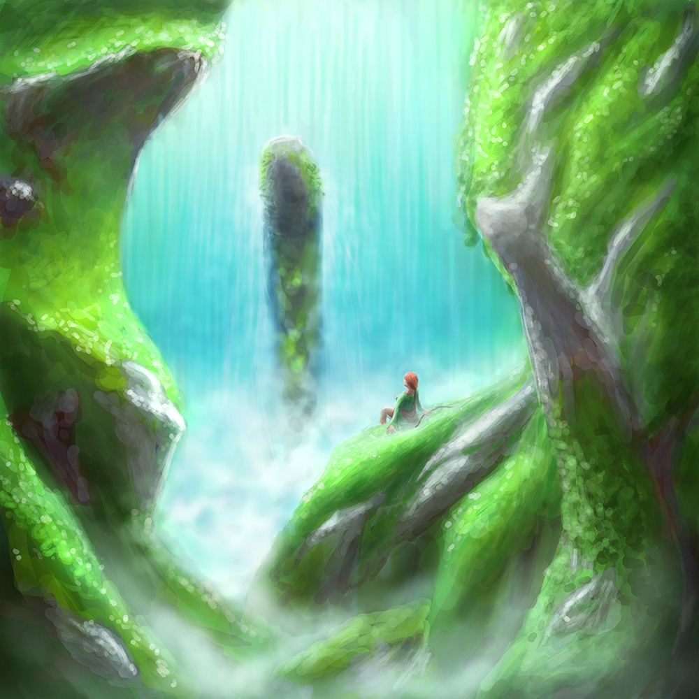 Digital painting of a woman in front of waterfall